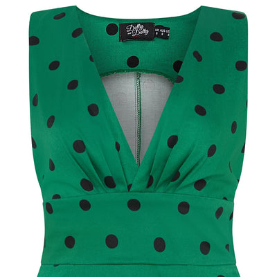 Laura 1950s Deep V Cleavage Polka Dot Dress in Green/Black