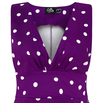 Laura 1950s Deep V Cleavage Polka Dot Dress in Purple/White