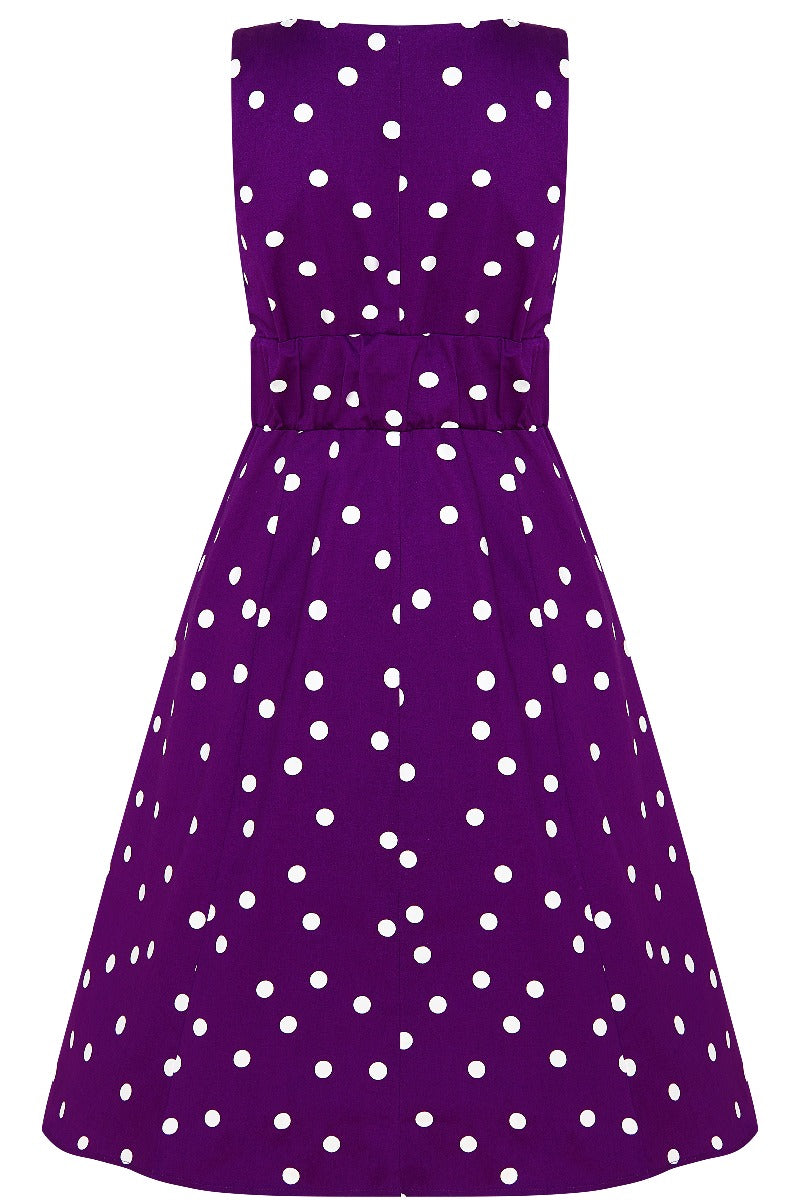 Laura 1950s Deep V Cleavage Polka Dot Dress in Purple/White