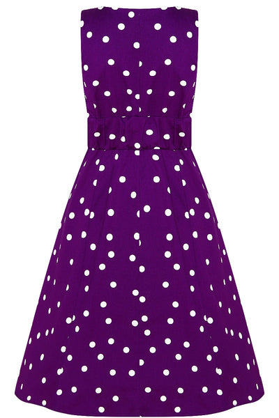 Laura 1950s Deep V Cleavage Polka Dot Dress in Purple/White