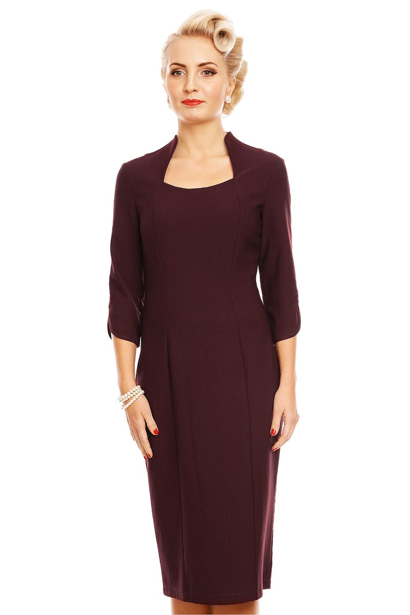 Theresa Fitted Collared Vintage Dress in Burgundy