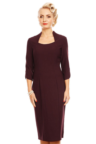 Theresa Fitted Collared Vintage Dress in Burgundy