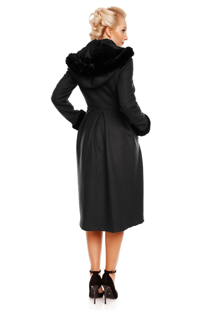 Rosemary Flared Faux Fur Lined Vintage Winter Coat in Black