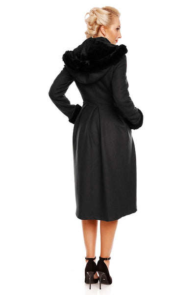 Rosemary Flared Faux Fur Lined Vintage Winter Coat in Black