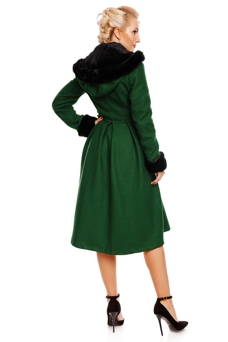 Rosemary Flared Faux Fur Lined Vintage Winter Coat in Green