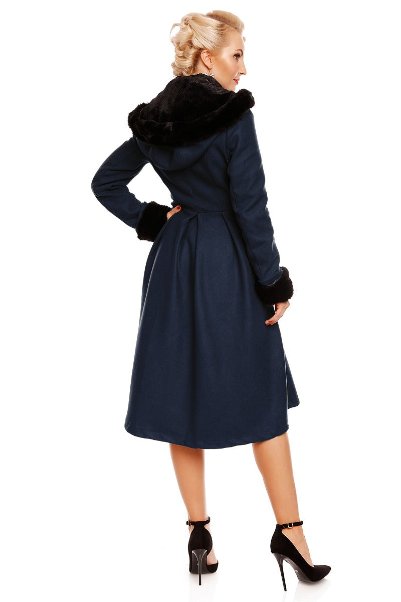 Rosemary Flared Faux Fur Lined Vintage Winter Coat in Navy Blue
