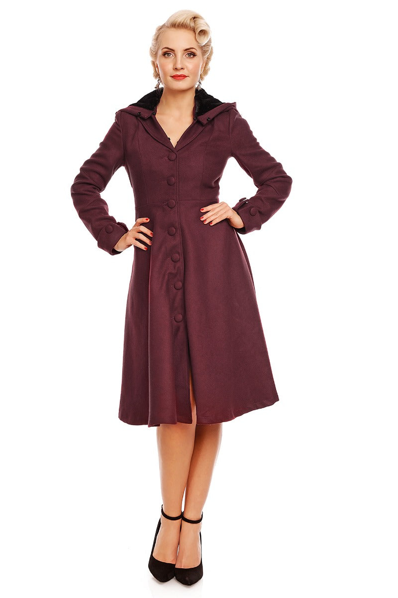 Rosemary Flared Faux Fur Lined Vintage Winter Coat in Burgundy