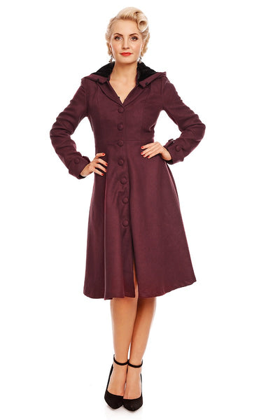 Rosemary Flared Faux Fur Lined Vintage Winter Coat in Burgundy