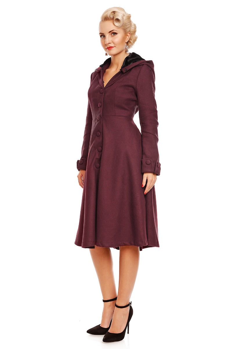 Rosemary Flared Faux Fur Lined Vintage Winter Coat in Burgundy