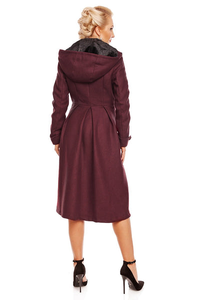 Rosemary Flared Faux Fur Lined Vintage Winter Coat in Burgundy