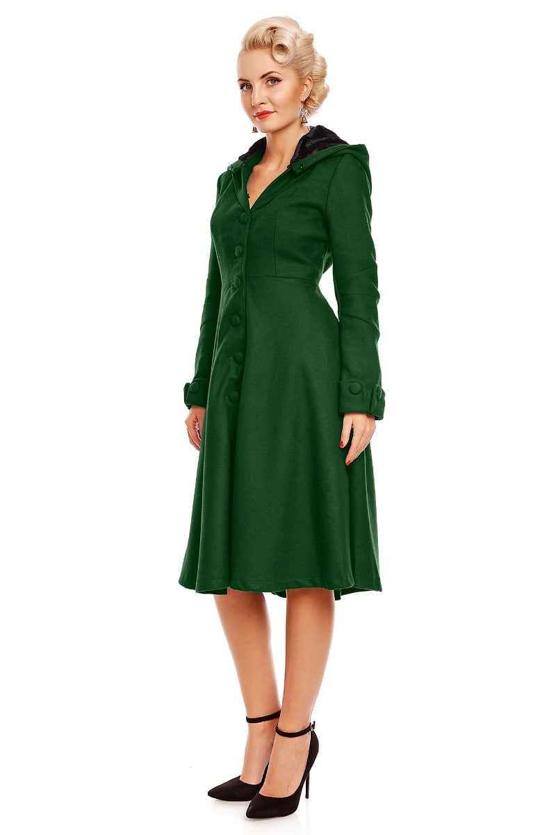 Rosemary Flared Faux Fur Lined Vintage Winter Coat in Green