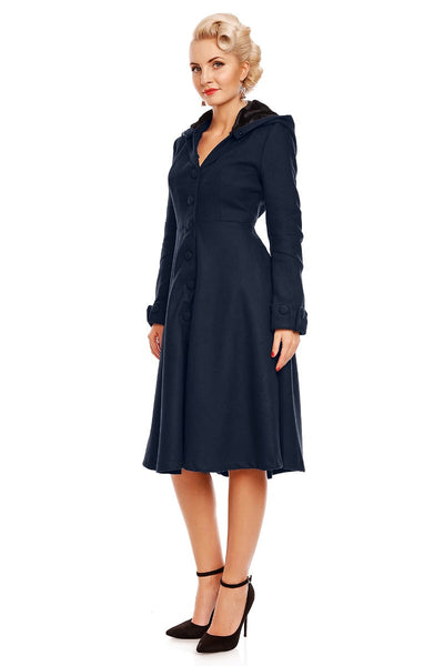 Rosemary Flared Faux Fur Lined Vintage Winter Coat in Navy Blue
