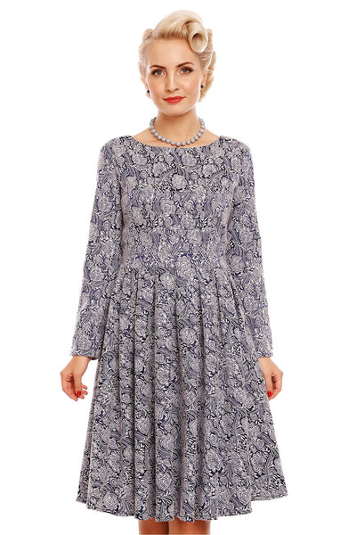 Hannah 50?s Style Long-Sleeve Swing Dress in Blue Jacquard
