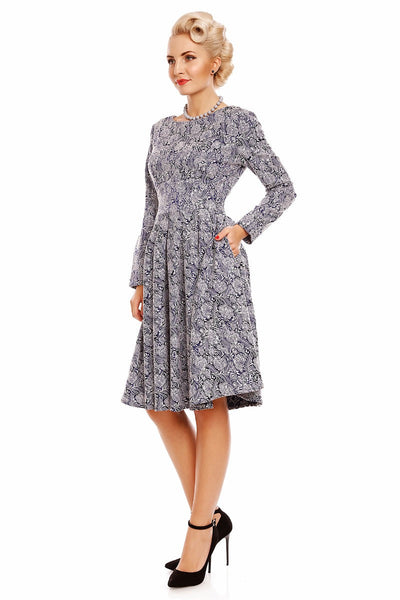 Hannah 50?s Style Long-Sleeve Swing Dress in Blue Jacquard