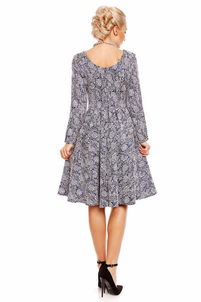 Hannah 50?s Style Long-Sleeve Swing Dress in Blue Jacquard
