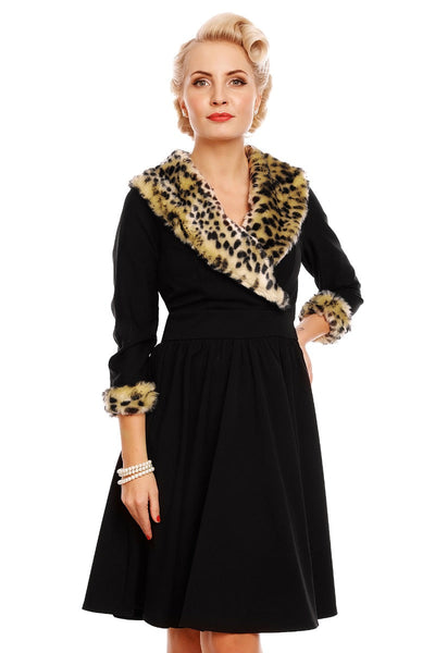 Kimberley Flared Faux Fur Wrap Collar Vintage Dress in Black-Leopard
