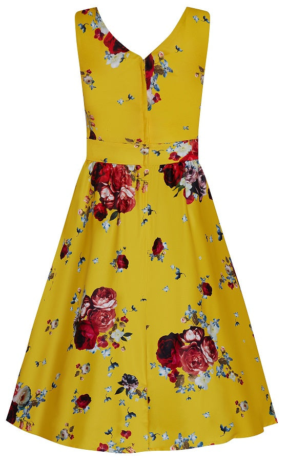 May V-neck Vintage-Inspired Flower and Rose Swing Dress in Yellow