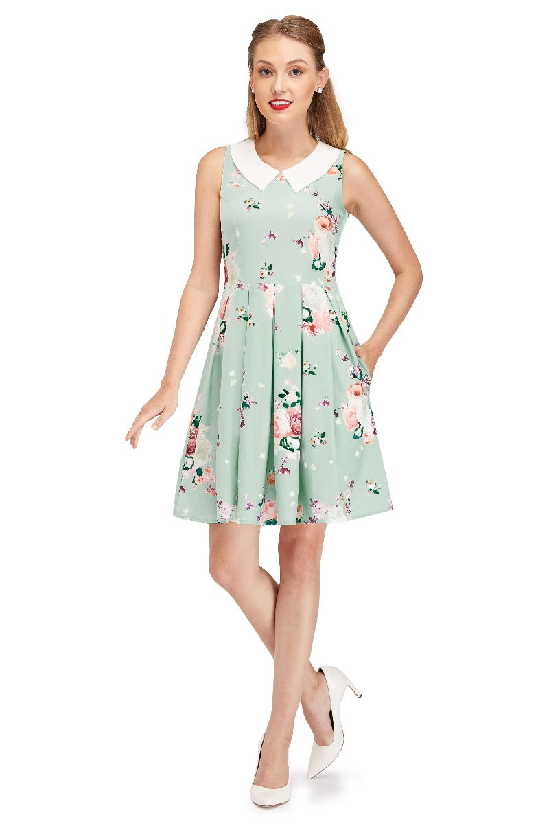Annette 1960s Mod Style Dress Light Blue & Pale Pink Roses