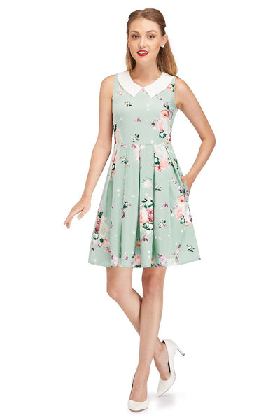 Annette 1960s Mod Style Dress Light Blue & Pale Pink Roses