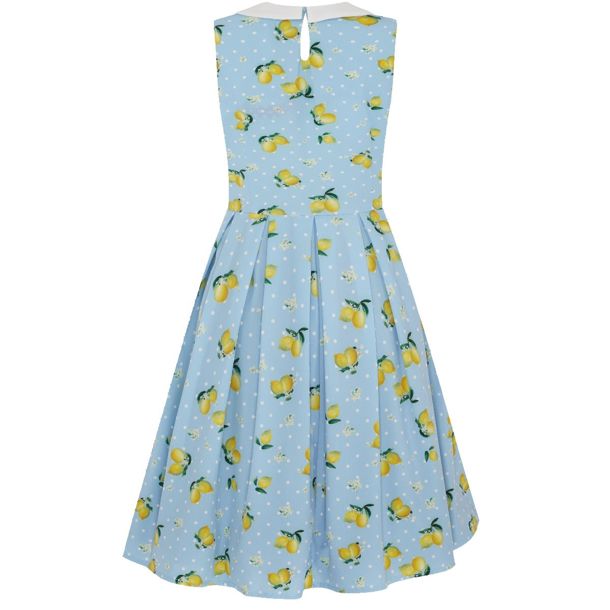 Annette 60s Style Collar Dress Sky Blue Lemons & White Polka Dots