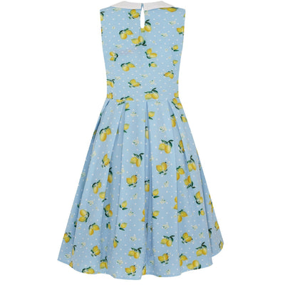 Annette 60s Style Collar Dress Sky Blue Lemons & White Polka Dots