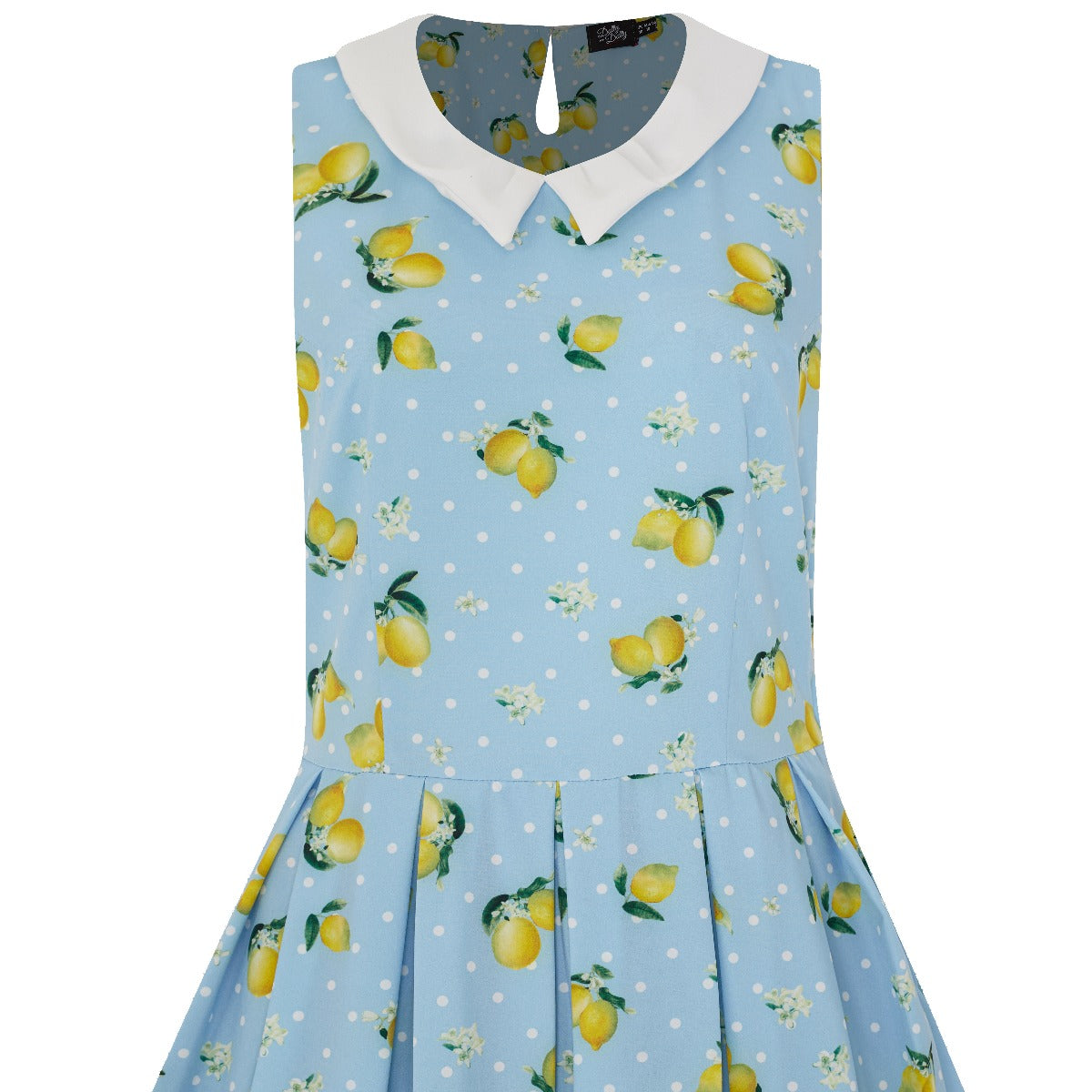 Annette 60s Style Collar Dress Sky Blue Lemons & White Polka Dots