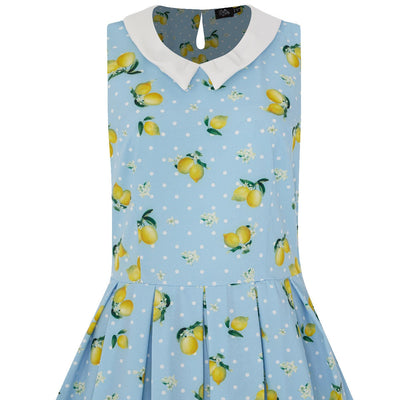 Annette 60s Style Collar Dress Sky Blue Lemons & White Polka Dots