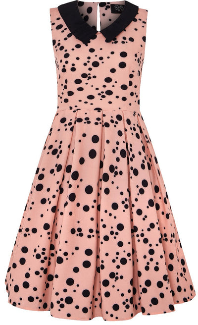Annette 1950s Inspired above-knee-length flared, Black Polka Dots in Pale Pink Dress