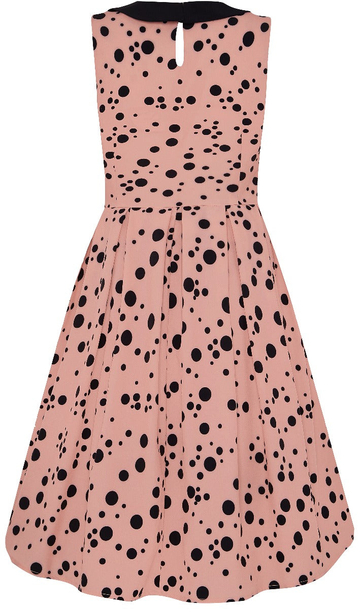 Annette 1950s Inspired above-knee-length flared, Black Polka Dots in Pale Pink Dress