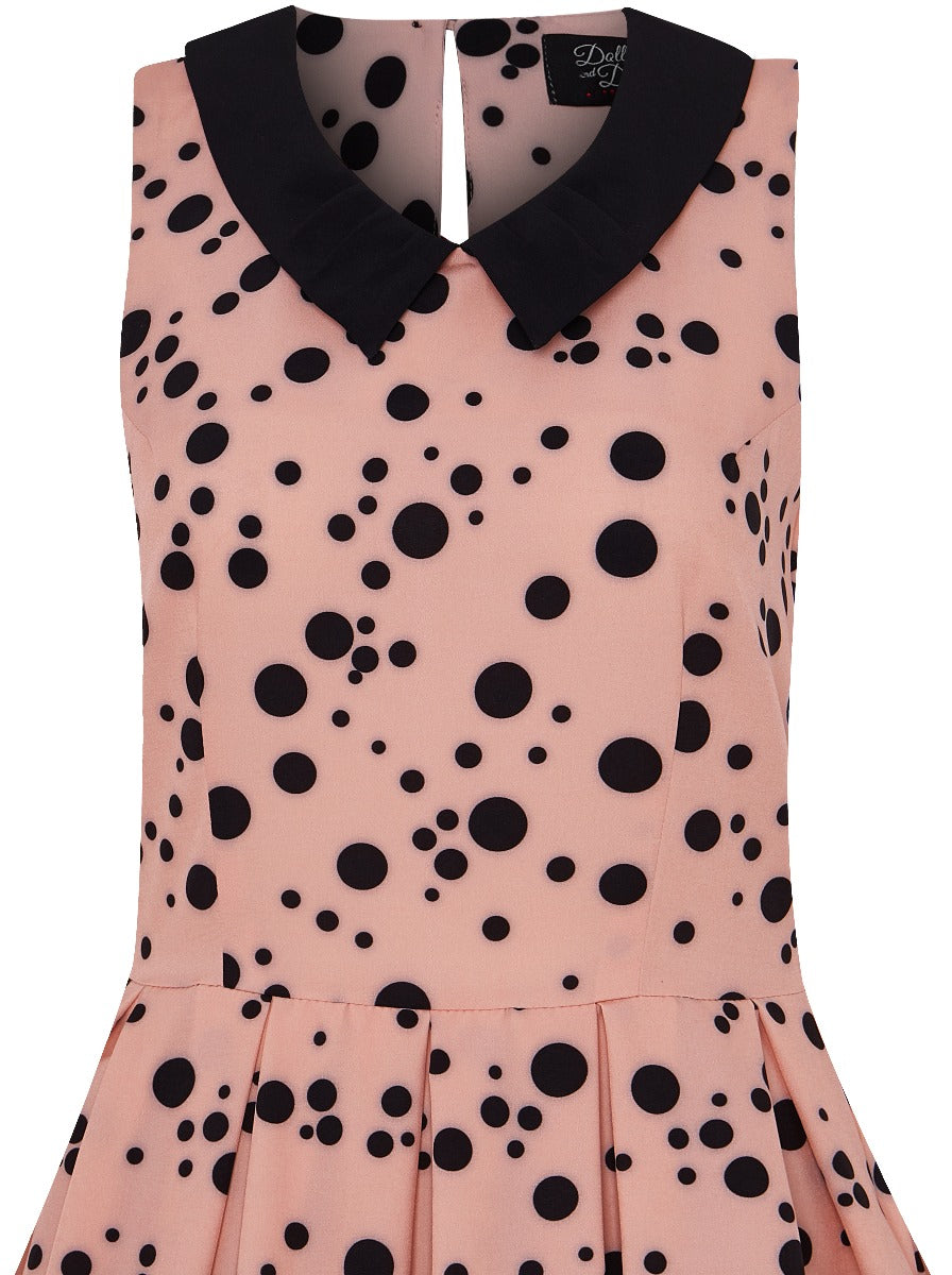 Annette 1950s Inspired above-knee-length flared, Black Polka Dots in Pale Pink Dress