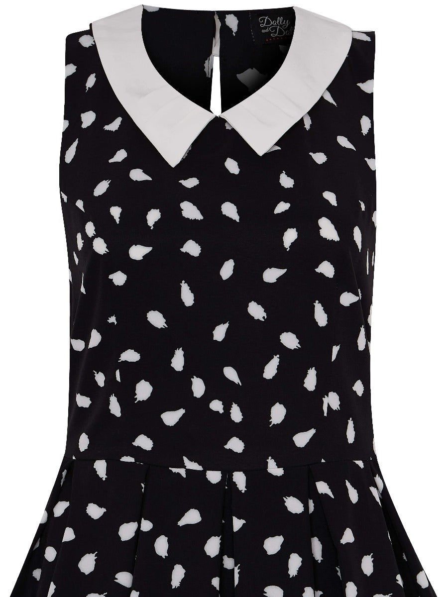 Annette 1950s Inspired above-knee-length flared, White Polka Dots in Black Dress