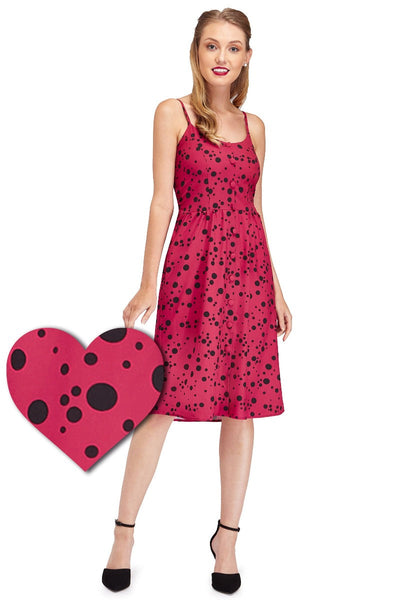 Classic Button Up Strappy Polka Dot Summer Dress in Pink

