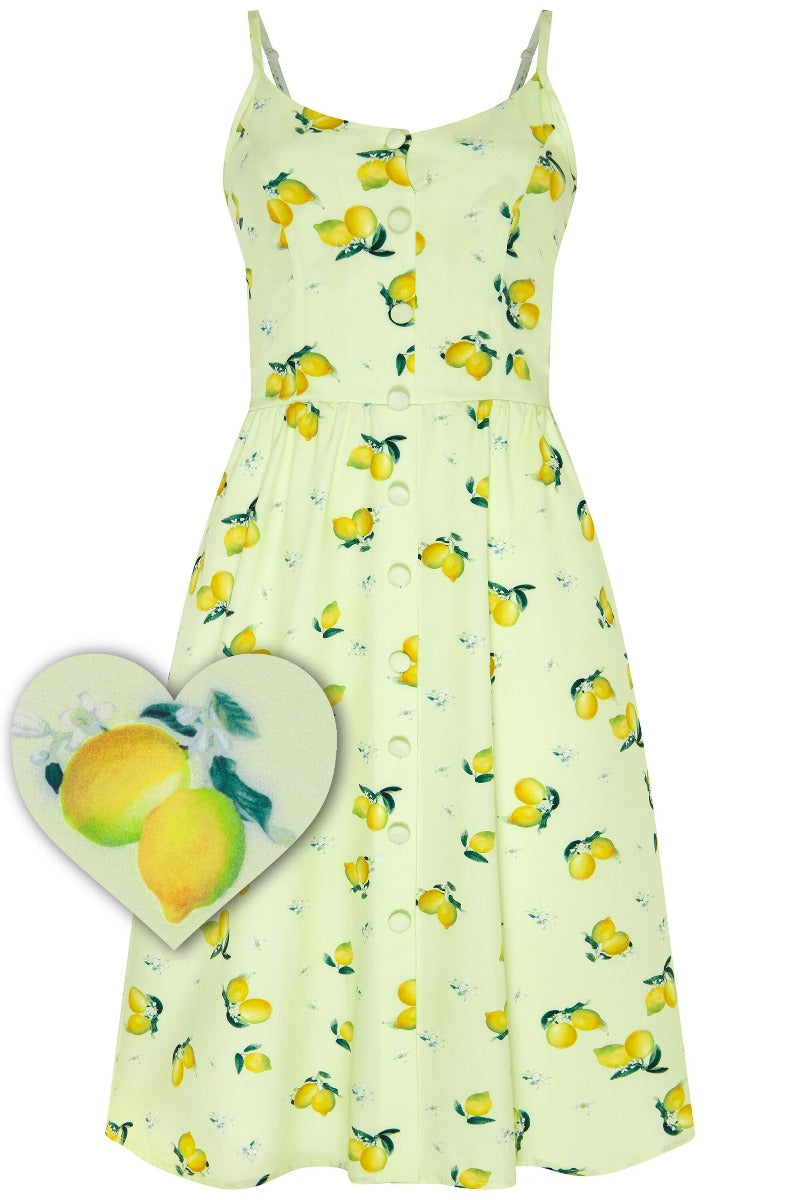 Classic Button Up Strappy Lemon Print Summer Dress in Light Green

