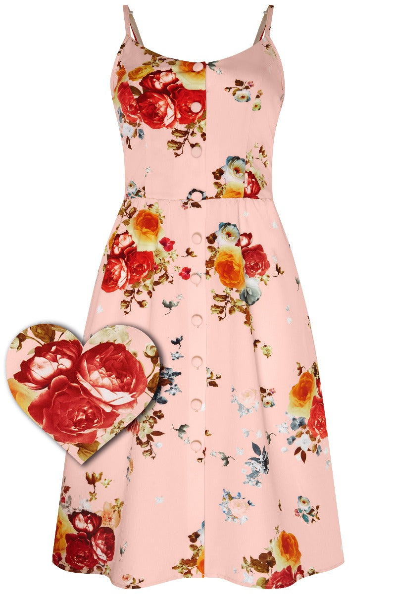 Classic Button Up Strappy Pink Rose Printed Summer Dress
