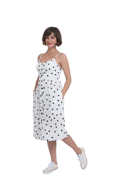 Regina Button Up Strappy Casual Dress White & Black Polka Dots