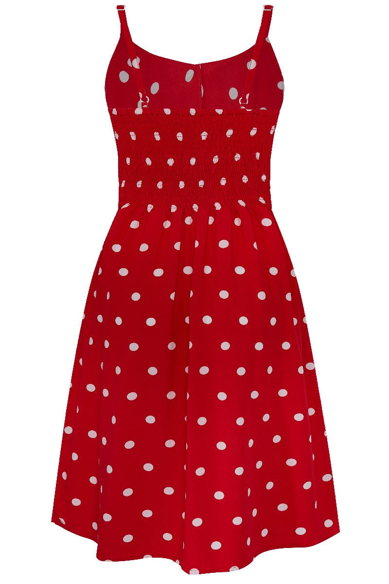 Regina Button Up Strappy Casual Red-Off White Polka Dots Dress
