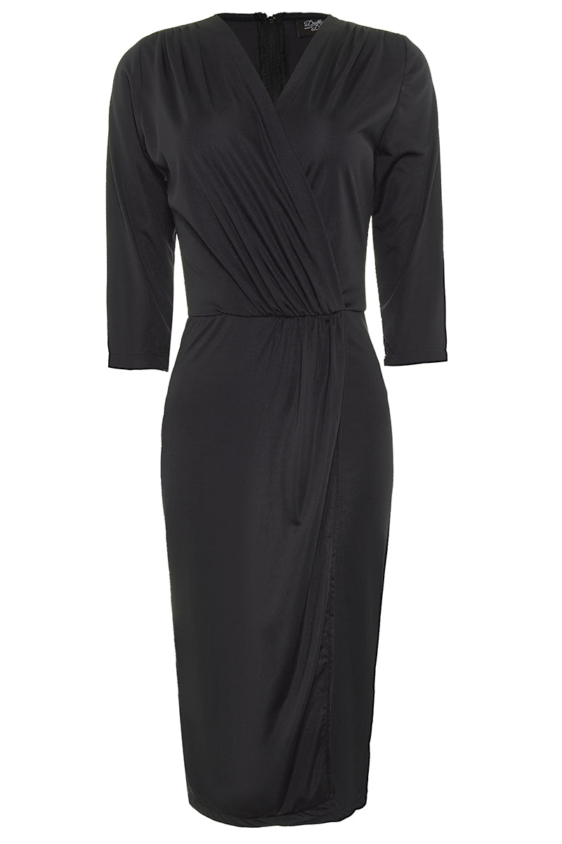 Harper 50s Inspired Wrap Over Dress in Black