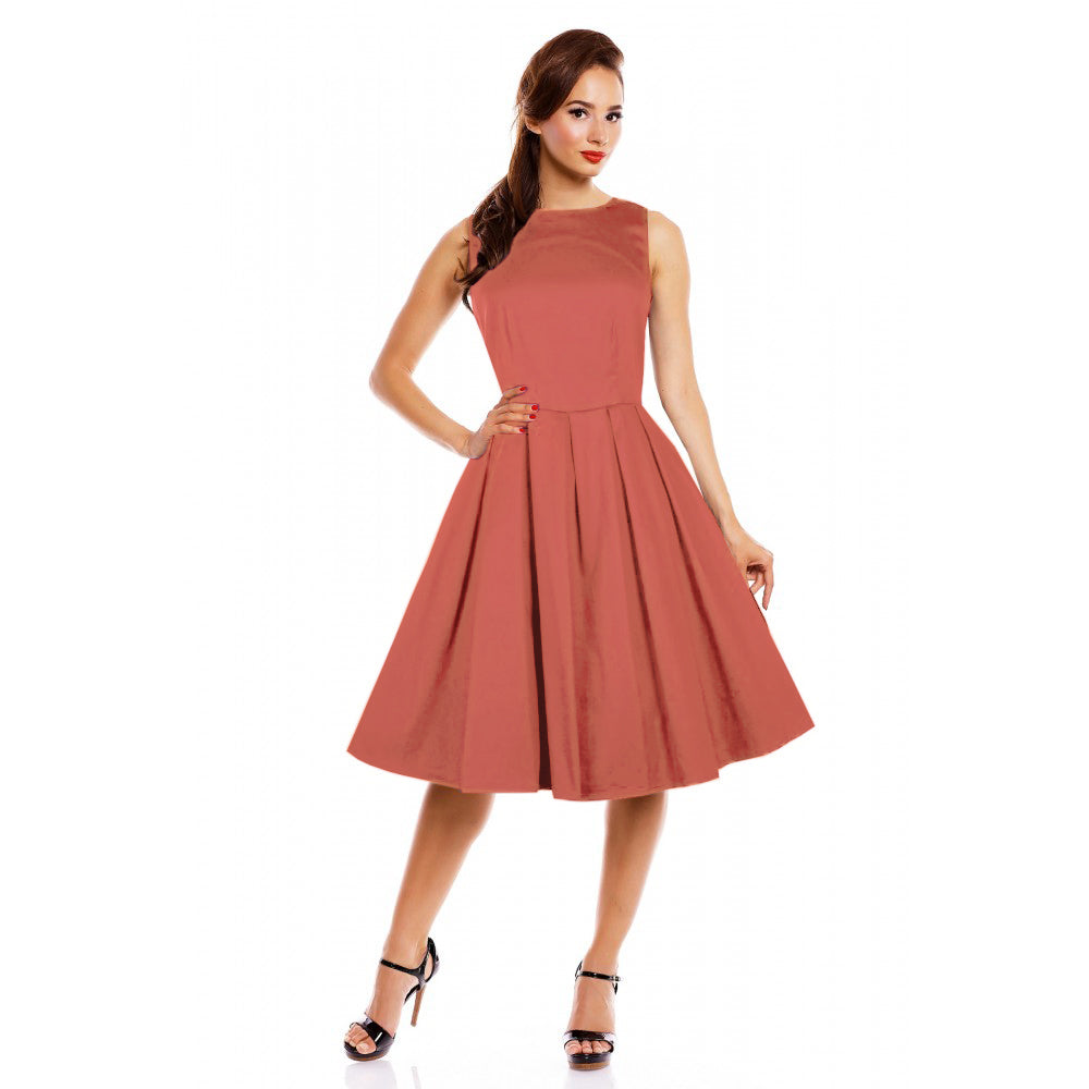 Lola Stylish 50's Retro Swing Dress With Pockets in Burnt Orange Chili