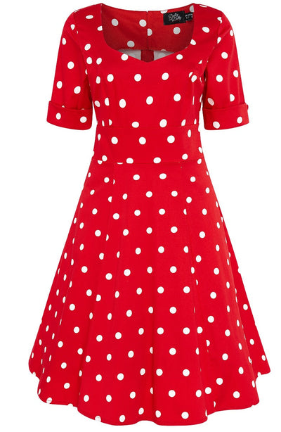 Barbara Cute & Flattering Short Sleeved Polka Dot Dress & Sweatheart Neckline in Red/White