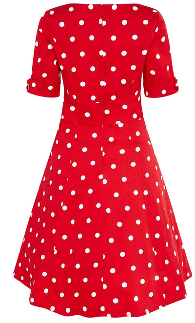 Barbara Cute & Flattering Short Sleeved Polka Dot Dress & Sweatheart Neckline in Red/White