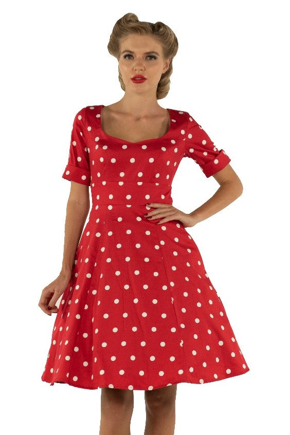 Barbara Cute & Flattering Short Sleeved Polka Dot Dress & Sweatheart Neckline in Red/White