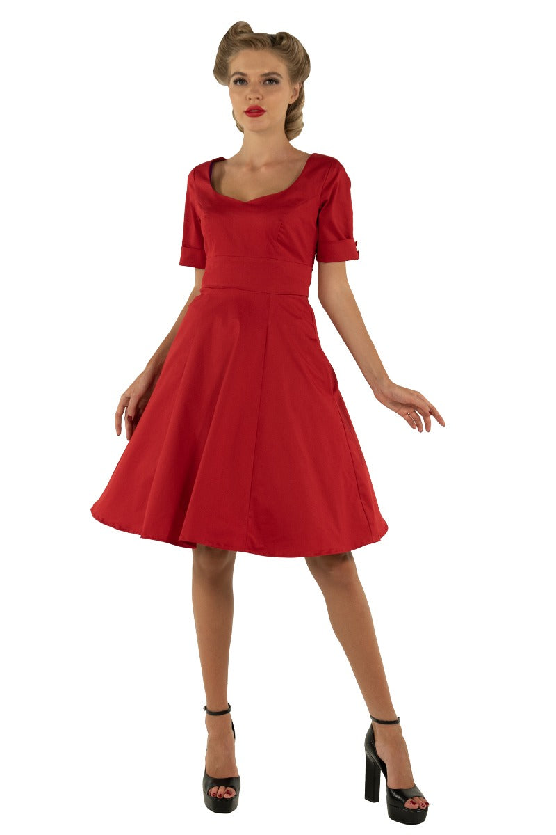 Barbara Sweetheart Neckline Short Sleeved Dress in Red