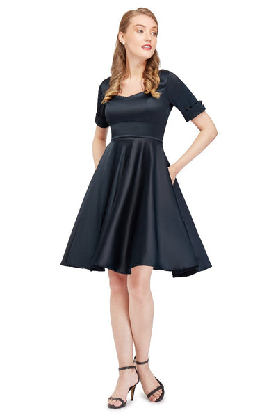 Barbara Satin Sweetheart Neckline Short Sleeved Dress in Black