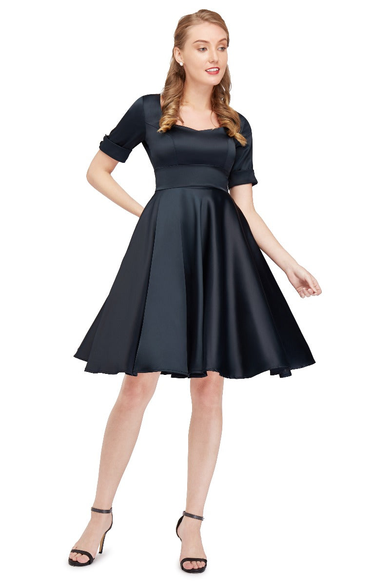 Barbara Satin Sweetheart Neckline Short Sleeved Dress in Black