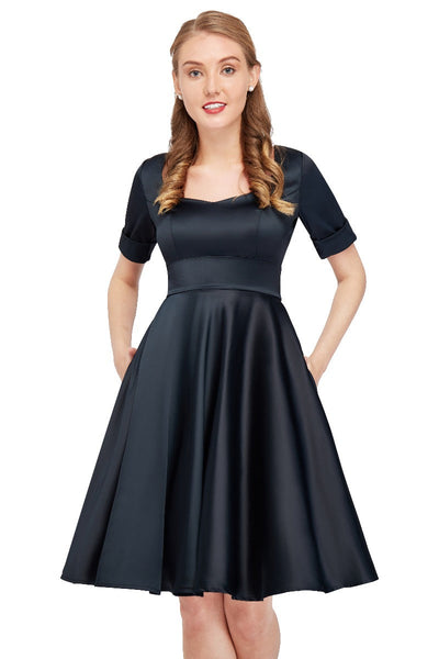 Barbara Satin Sweetheart Neckline Short Sleeved Dress in Black