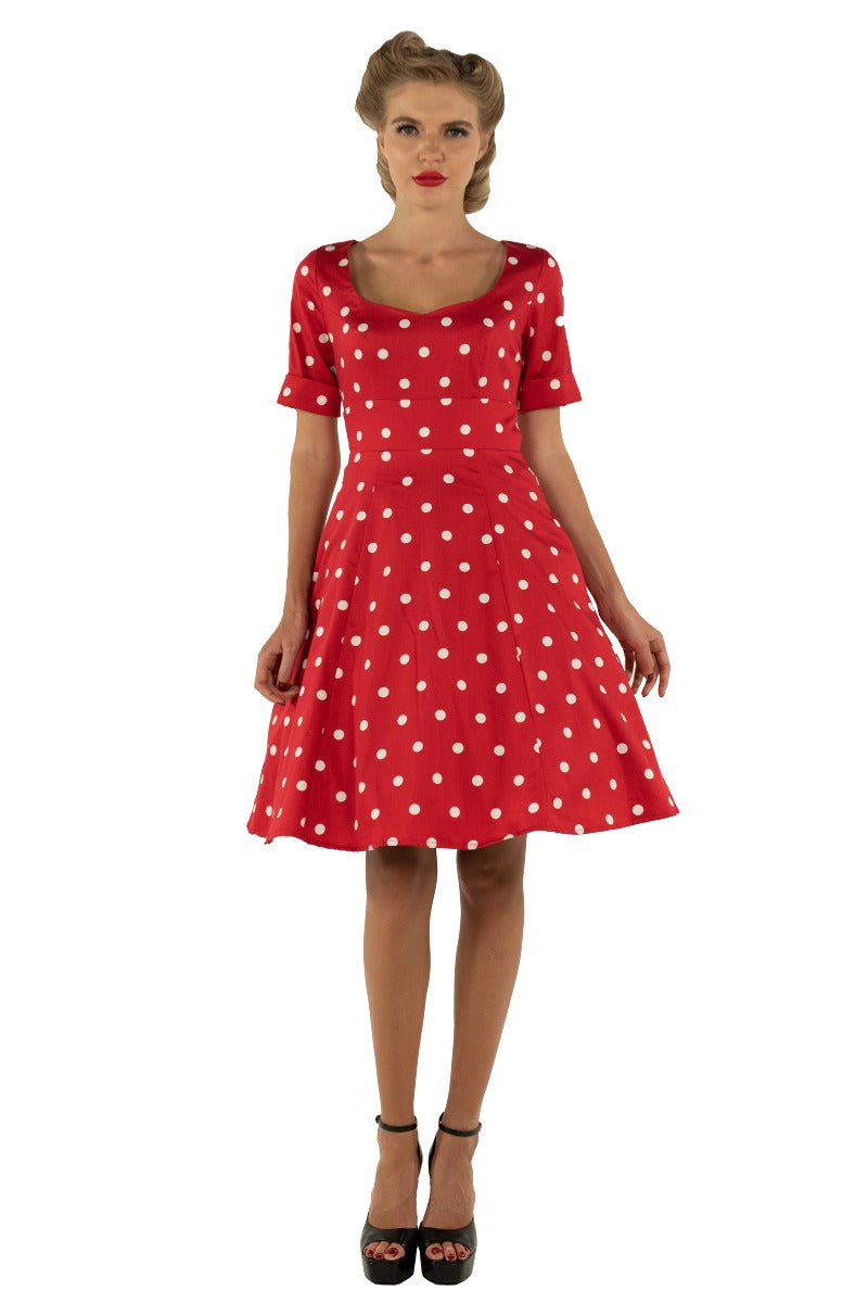 Barbara Cute & Flattering Short Sleeved Polka Dot Dress & Sweatheart Neckline in Red/White
