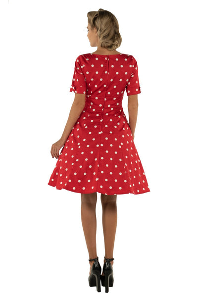Barbara Cute & Flattering Short Sleeved Polka Dot Dress & Sweatheart Neckline in Red/White