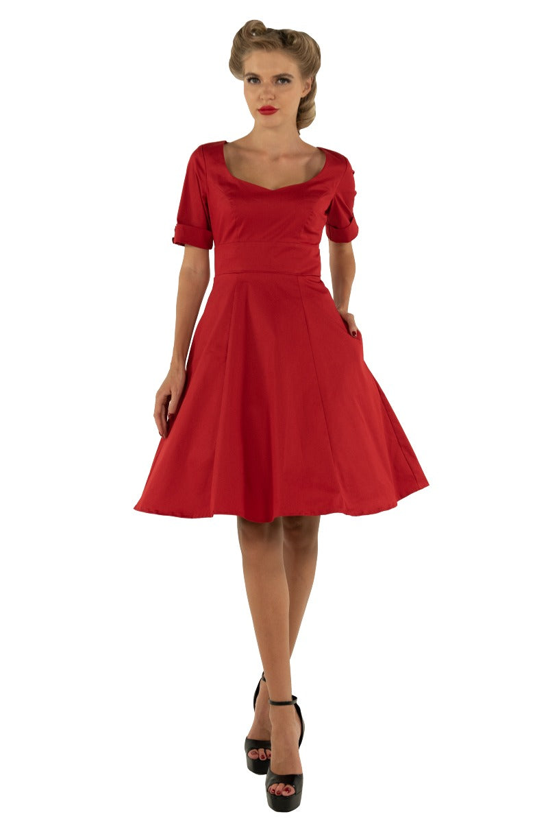 Barbara Sweetheart Neckline Short Sleeved Dress in Red