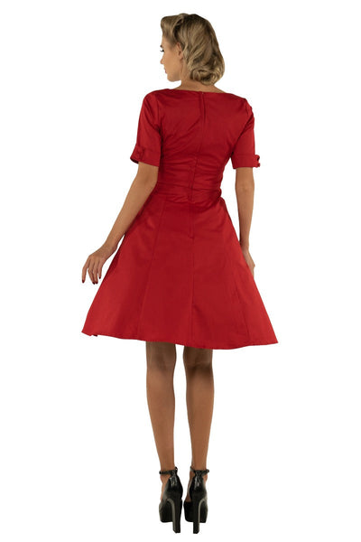 Barbara Sweetheart Neckline Short Sleeved Dress in Red