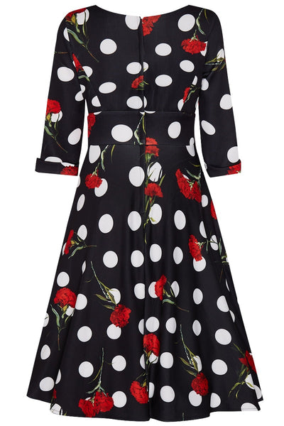 Scarlette 3-4-Sleeved Stretchy Black Dress Polka Dot & Roses